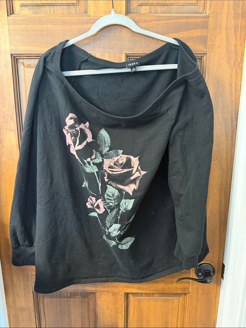 torrid Black Off-Shoulder Sweatshirt with Pink Rose Graphic
